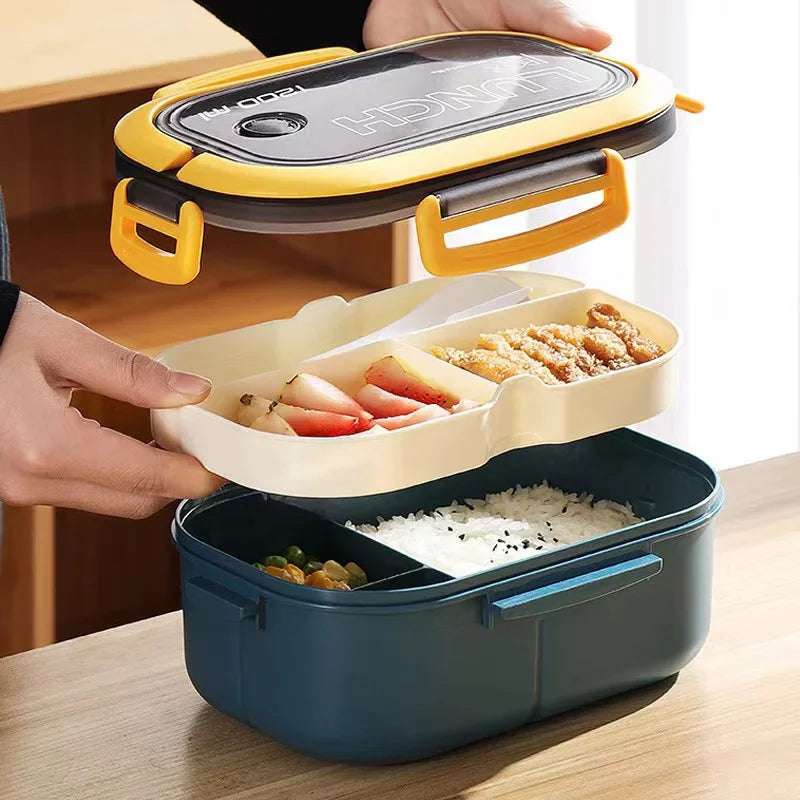 1200ML 2 Layer Bento LunBox With Spoon Fork, Kid High Capacity Microwae Food Containers Portable Leakproof Office Camping