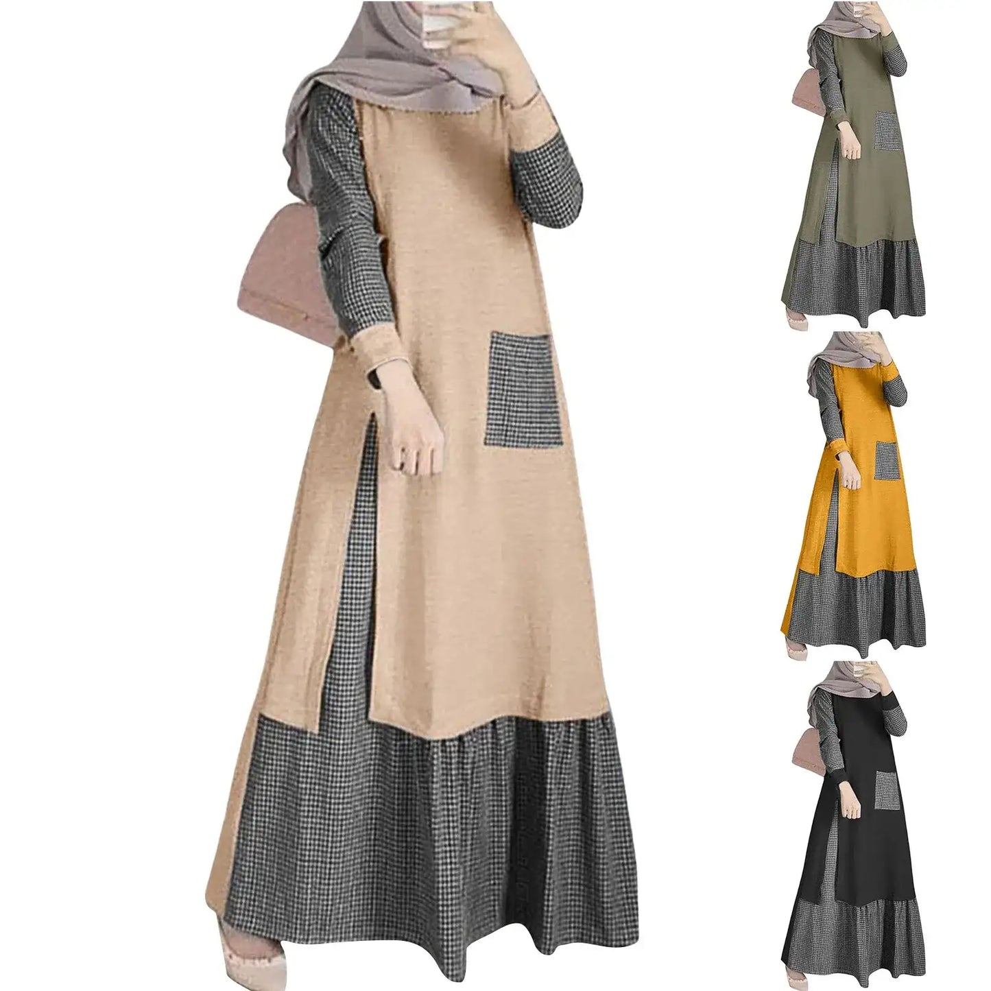 Fashion Patchwork Long Dresses Women Vintage Muslim Checked Dress Overszie Robe Femme Turkey Abaya Long Sleeve Vestidos