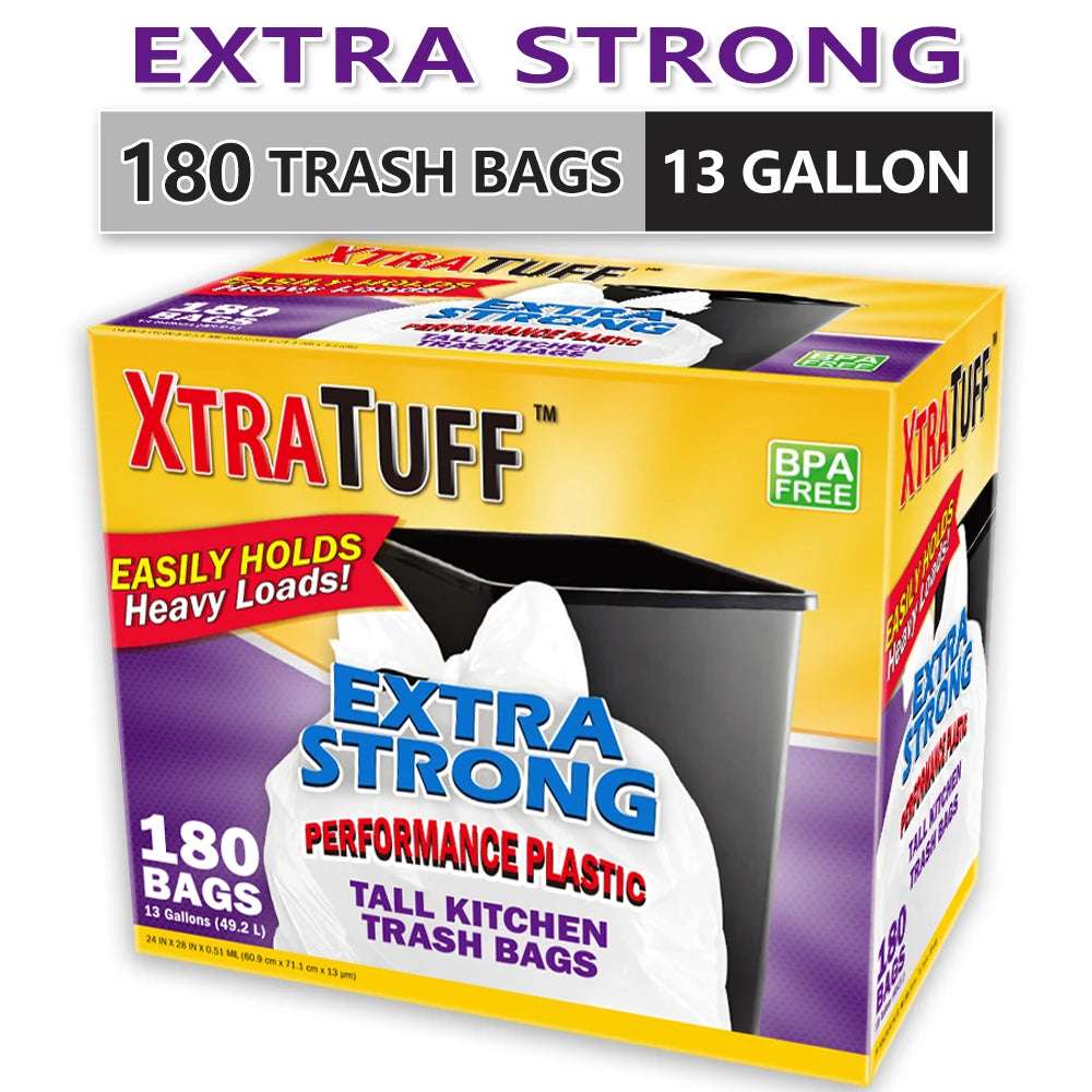 Xtratuff Basics Trash Bags 13 Gallon Flap Ties Medium Garbage Bags White Trash Bag 180 Count
