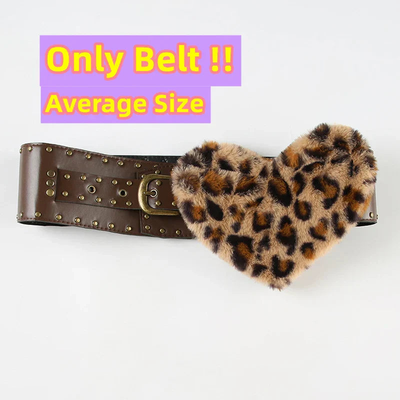 FAGADOER Y2K Gorgeous Brown Leather Shorts Womens Leopard Fur Belts Love Heart Low Waisted Gothic Punk Micro Shorts + Fluffy Belt