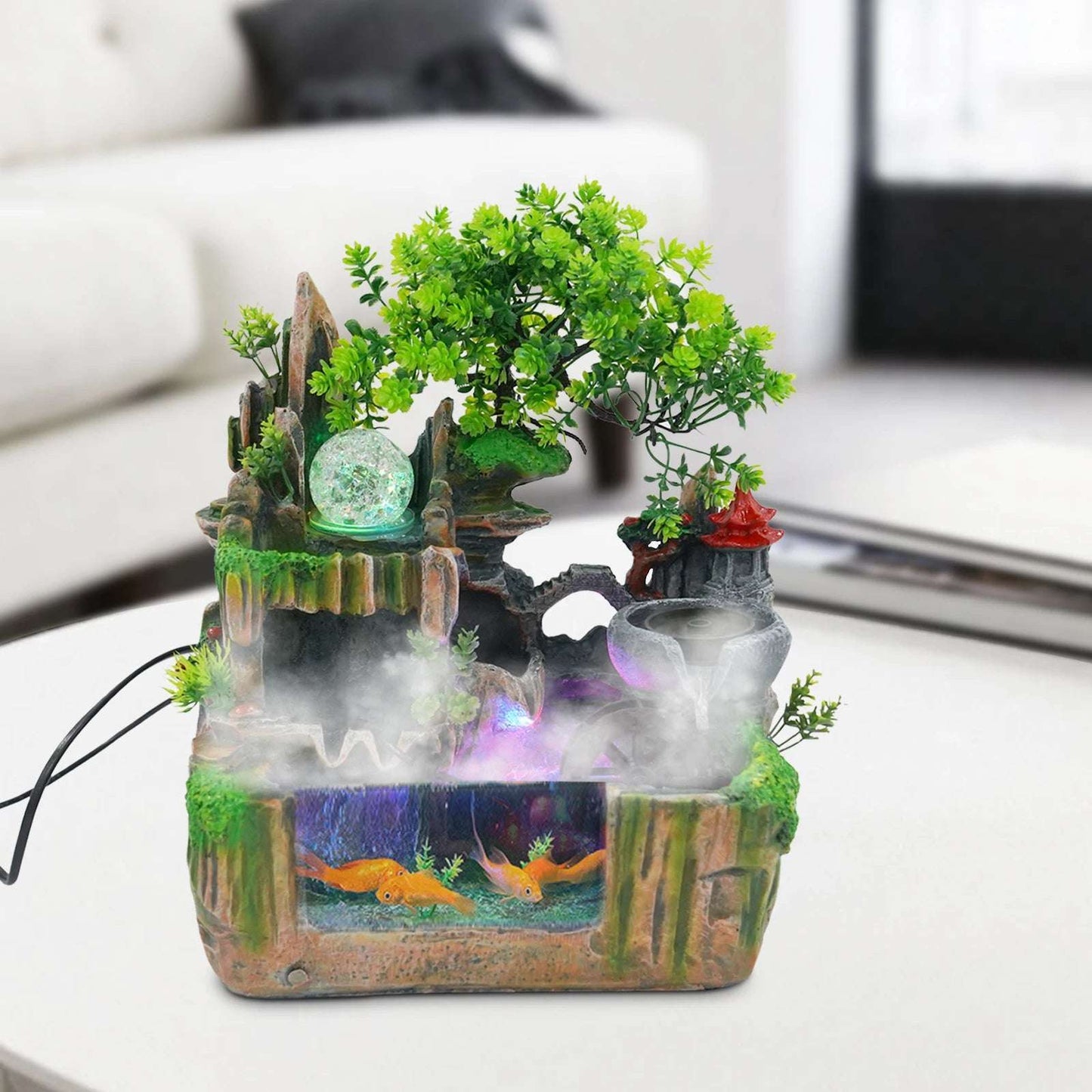 Rockery Fountain Small Rockery Water Fountain Indoor with LED Lamp Atomization Effect Suitable for Office Decoration