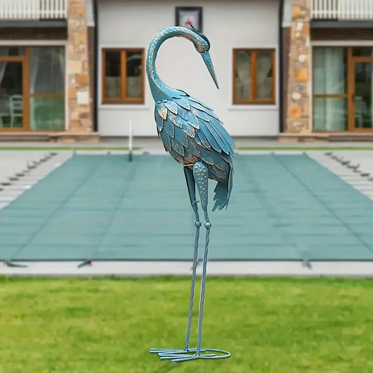 Standing Garden Crane Statue for Outdoor, Metal Bird Garden Sculpture, Art for Backyard Patio Lawn Yard Decoration, Cyan