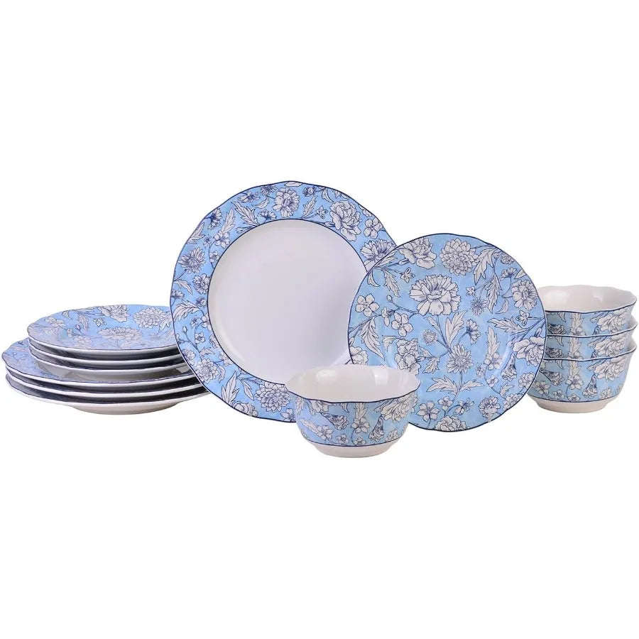12Piece Porcelain Dinnerware Set For 4 Includes White And Light Blue Plates And Bowls With Elegant Floral Pattern Glossy Cerami