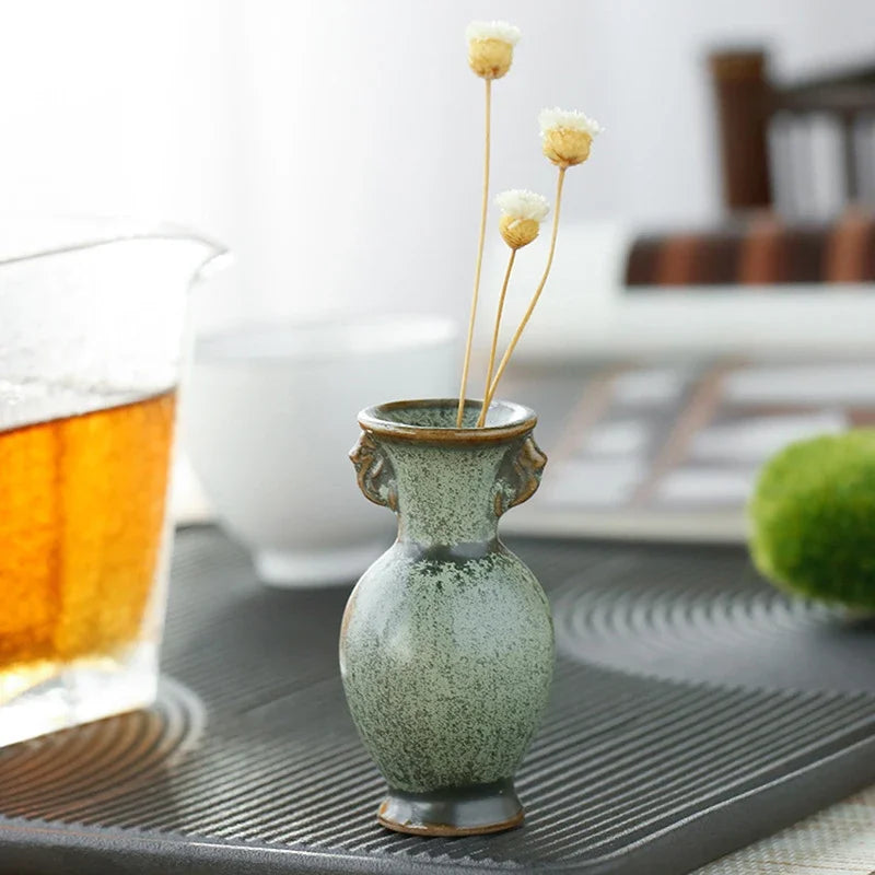 1PC Hydroponics Chinese-style Living Room Decoration Ceramic Small Vase Green Retro Flower Vase Crafts Tabletop Ornament Macetas