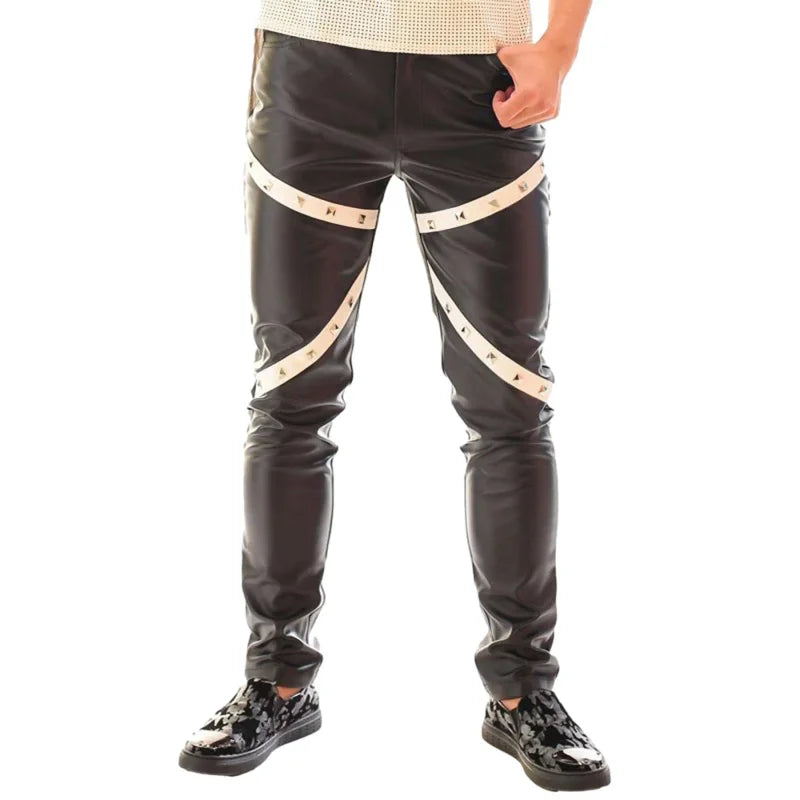 Men's Punk Style Leather Pants Slim Fit Rock Trousers With Rivet Fashion Faux Leather PU Gothic Dance Bottoms With Patchwork