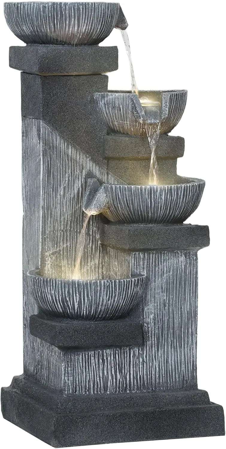 33.5" Tall Outdoor Water Fountain,4-Tier Floor Standing Resin Cascading Bowls Waterfall Fountain With Led Lights, Pump For Garden