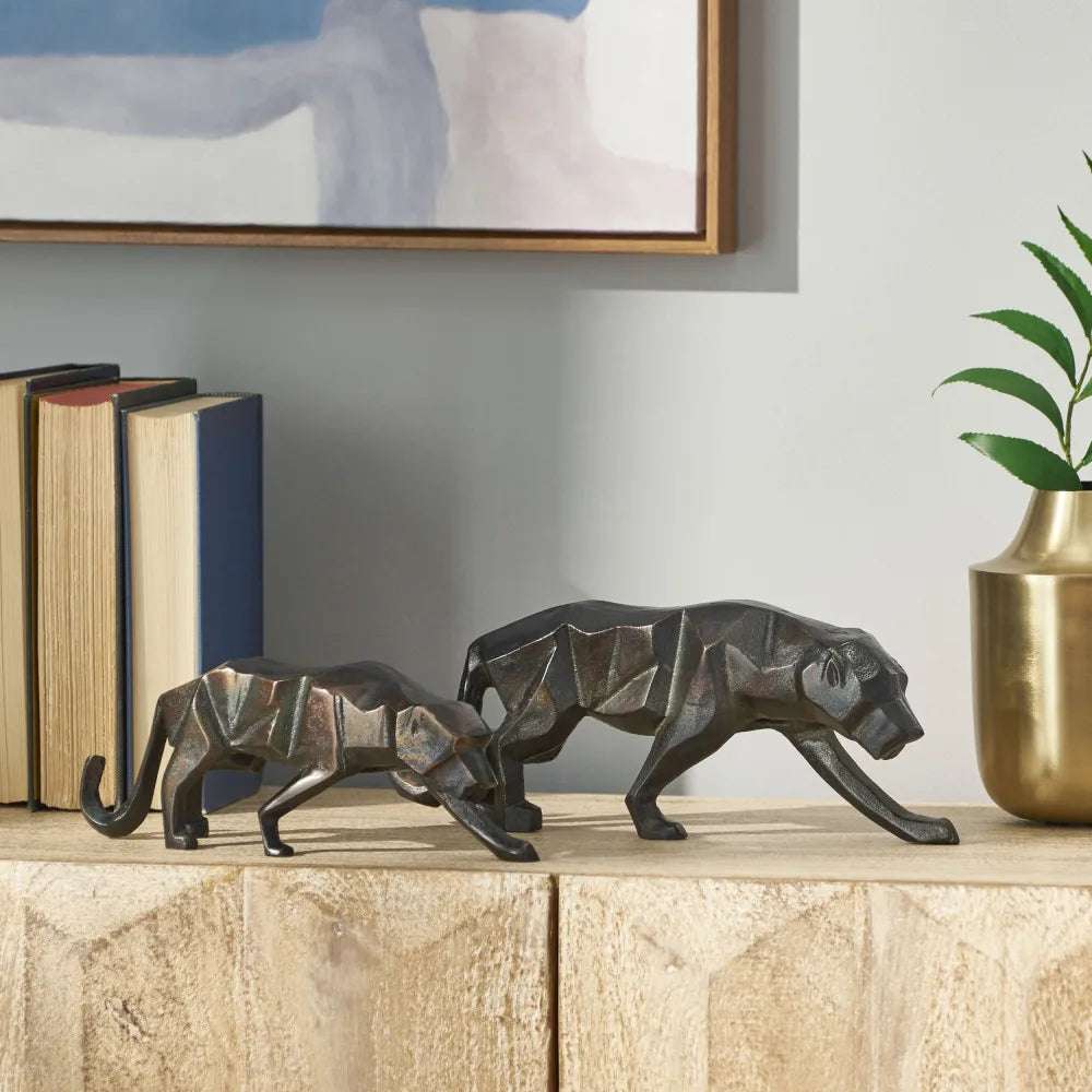 Handcrafted Black Aluminum Leopard Figurine Set Of 2 Modern Home Decor Animal Sculpture For Living Room Office Shelf Centerpiece