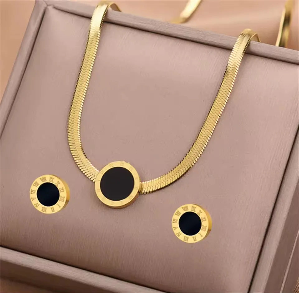 3pcs/set Stainless Steel Jewelry Set Snake Chain Necklace & Roman Numerals Black Inlay Stud Earrings For Women