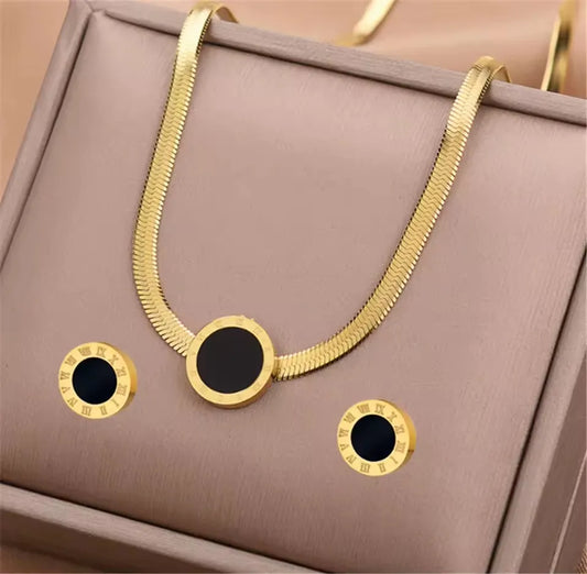 3pcs/set Stainless Steel Jewelry Set Snake Chain Necklace & Roman Numerals Black Inlay Stud Earrings For Women