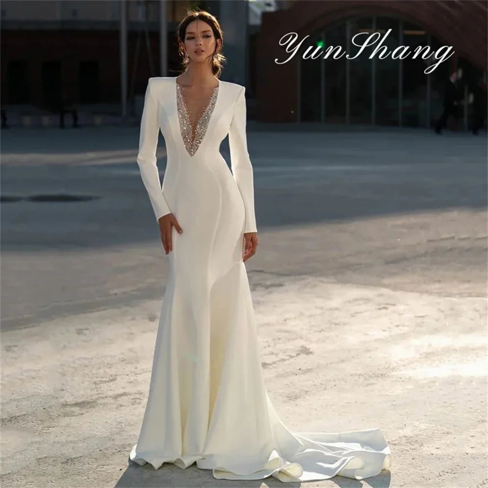 Yunshang Elegant Mermaid Wedding Dress Long Sleeve V-Neck Beading Pleat Zipper Back Bridal Gown Vestidos De Novia Customized