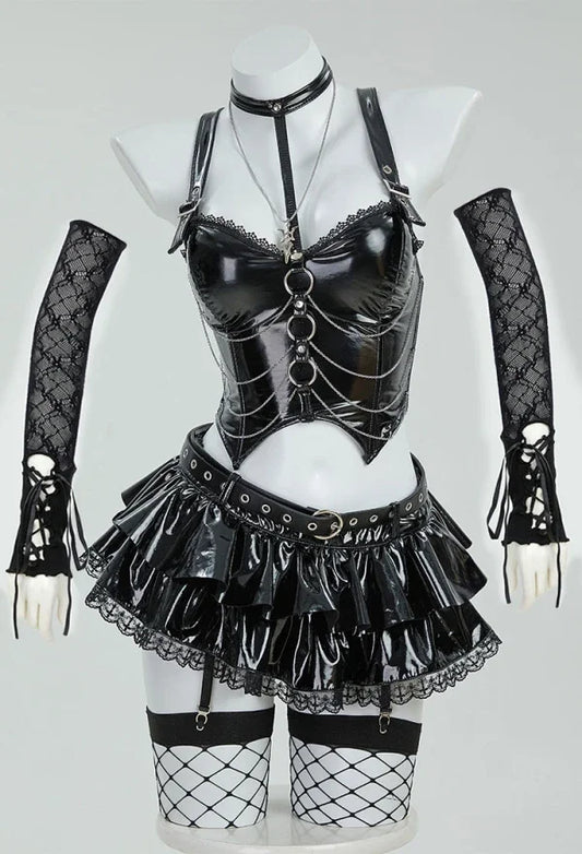 MEOWCOS Misa Gothic Black Lingerie Set Cami Top and Mini Skirt with Sleeves and Necklace Cosplay Costume for Halloween
