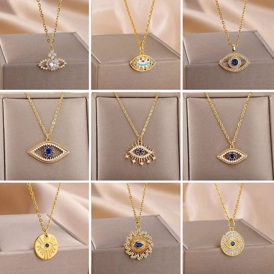 Evil Eye Necklace For Womentainless Steel Chain Blue Main Stone Pendant Necklaces Vintage Turkish Eye Jewelry Gift