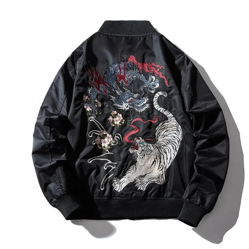 Men'S Dragon & Tiger Embroidery Bomber Jacket - Japanese Streetwear Hip Hop Baseball Pilot Coat
