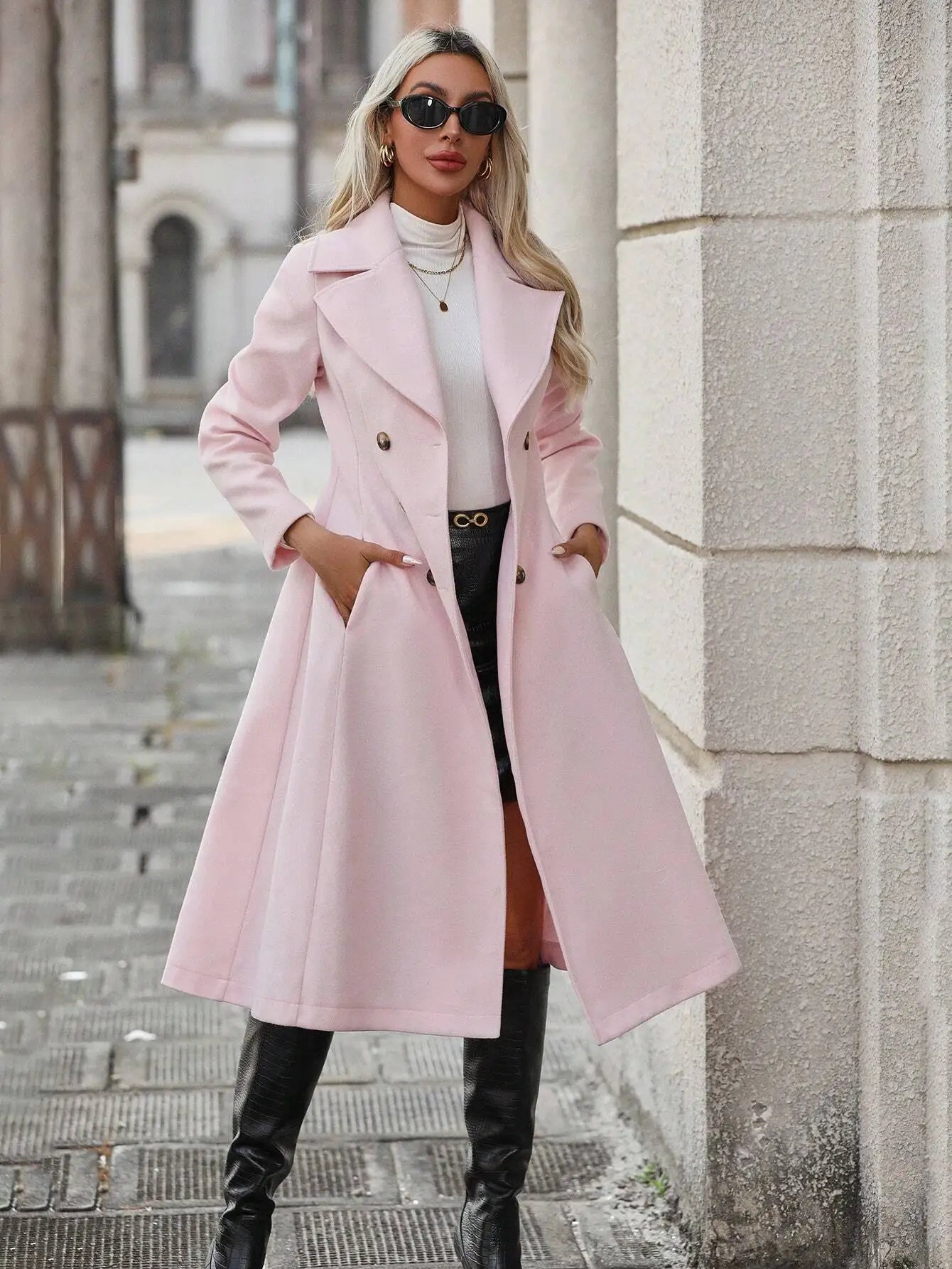 Pink Double Breasted Long Trench Coat For Women, Fall Winter Elegant Style With Lapel Collar