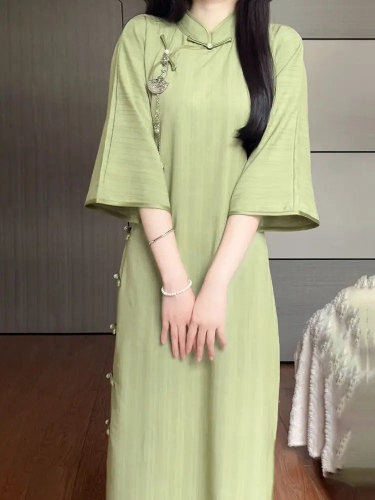 Green Improved Cheongsam Summer New Modern Elegant Inverted Big Sleeve Girl's Daily Wear Young Style Retro Chinese Woman Dresses