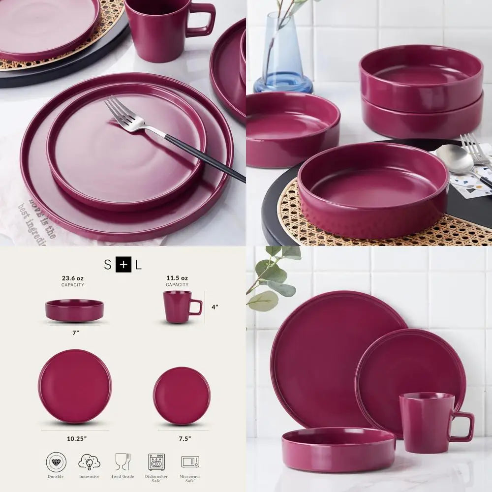 16-Piece Stoneware Dinnerware Set, Magenta, Plates, Bowls, Service For 4, Microwave And Dishwasher Safe