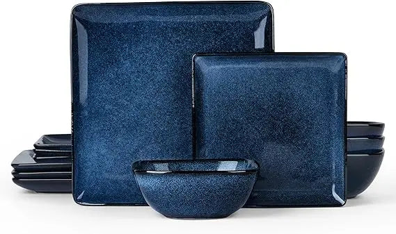 12-Piece Stoneware Dinnerware Set For 4, E-Far Reactive Glaze Square Plates And Bowls, Chip And Scratch Resistant