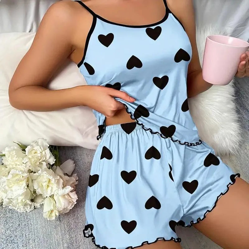 Women Pajama Set Shorts & T-Shirt, Pink Heart Print Ice Silk Sleepwear, Comfortable Summer Loungewear Casual Pjs