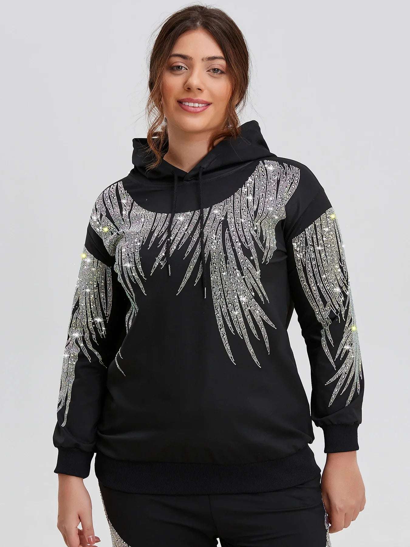 Plus Size Rhinestone Hoodie Long Sleeve Pullover Sweatshirt with Comfortable Design USA Essentials Fashion Inspired Graphic Hooded Top