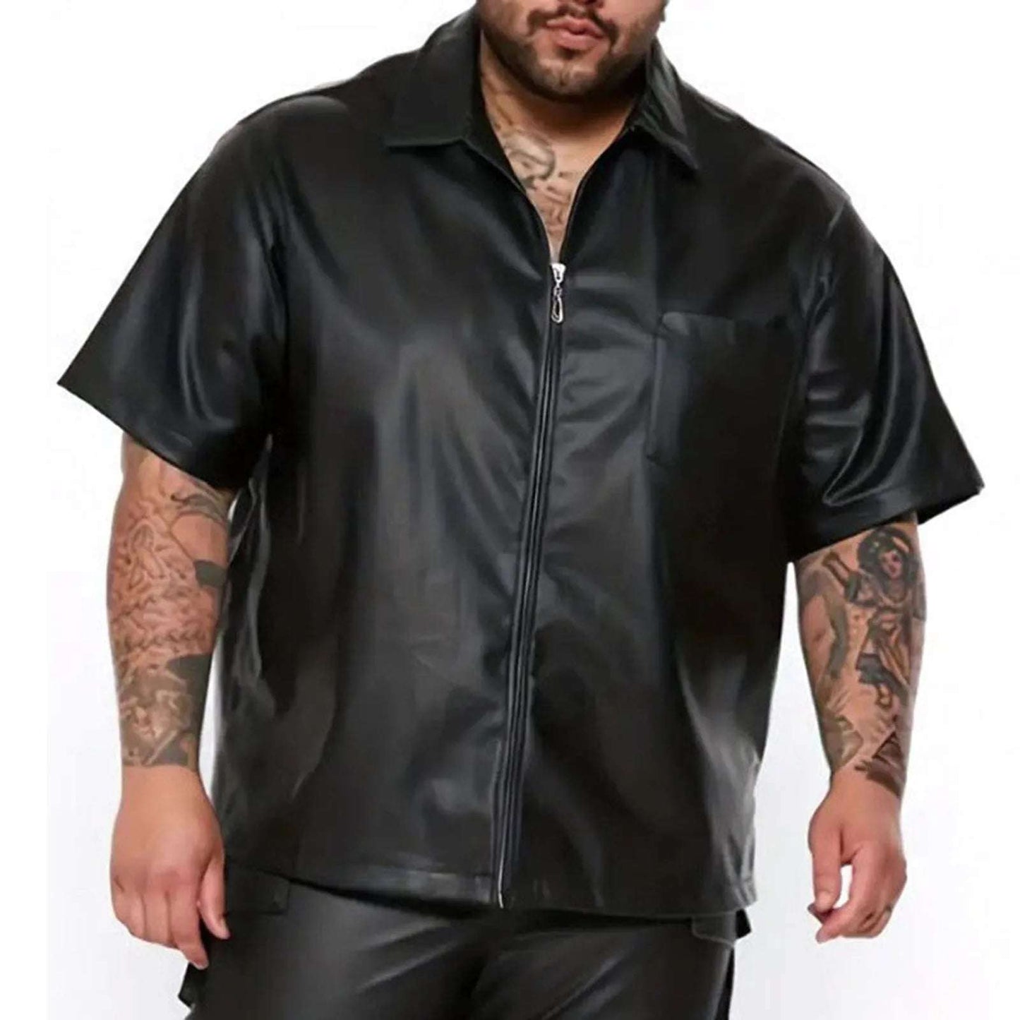Leather Zipper Men's Casual Short Sleeved Leather Jacket Cool Fashion Top Oversized Loose Fitting Short Sleeved Black Shirt
