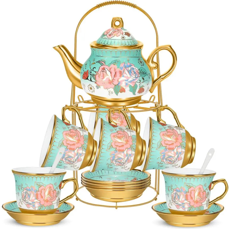 Pcs Porcelain Tea Set For Adults With Metal Holder And Spoon European Ceramic Tea Party Set Flower Painting Teapot Cup Saucer Fo