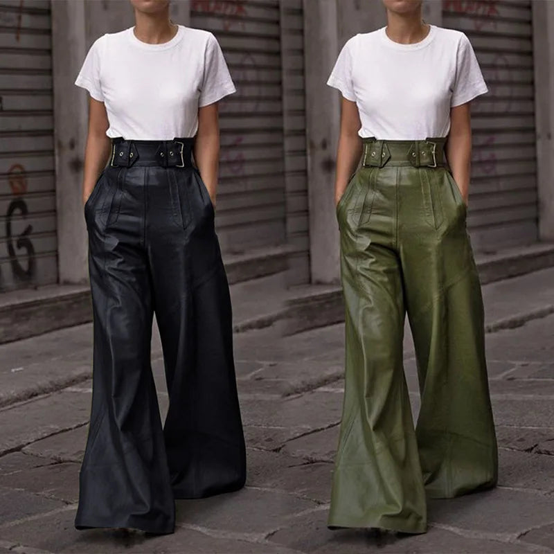 Casual Loose Leather Pants Women High Waist Wide Legs Solid Pocket Flare Pant Female 2025 Autumn Fashion Belt Streetwear Lady