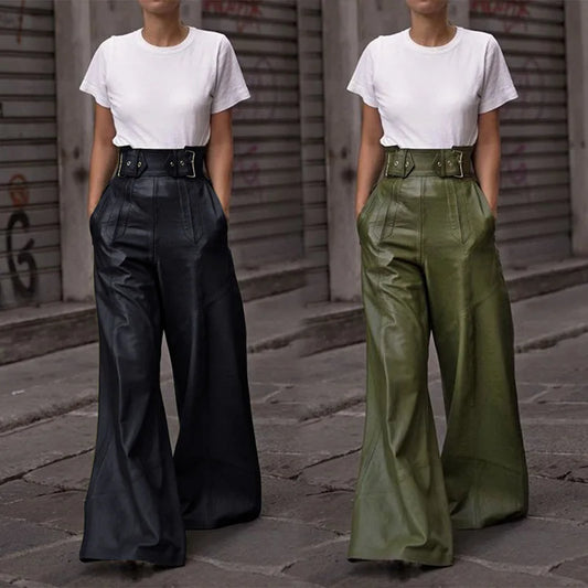 Casual Loose Leather Pants Women High Waist Wide Legs Solid Pocket Flare Pant Female 2025 Autumn Fashion Belt Streetwear Lady