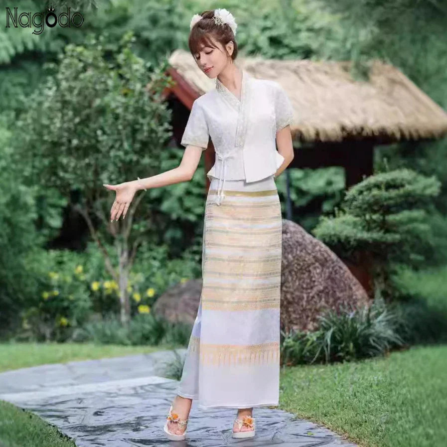 Vintage Women 2 Piece Set Thailand Traditional Clothing Chinese Tea Clothes Embroidered Short-sleeved Top Thai Dress Set 1207-3