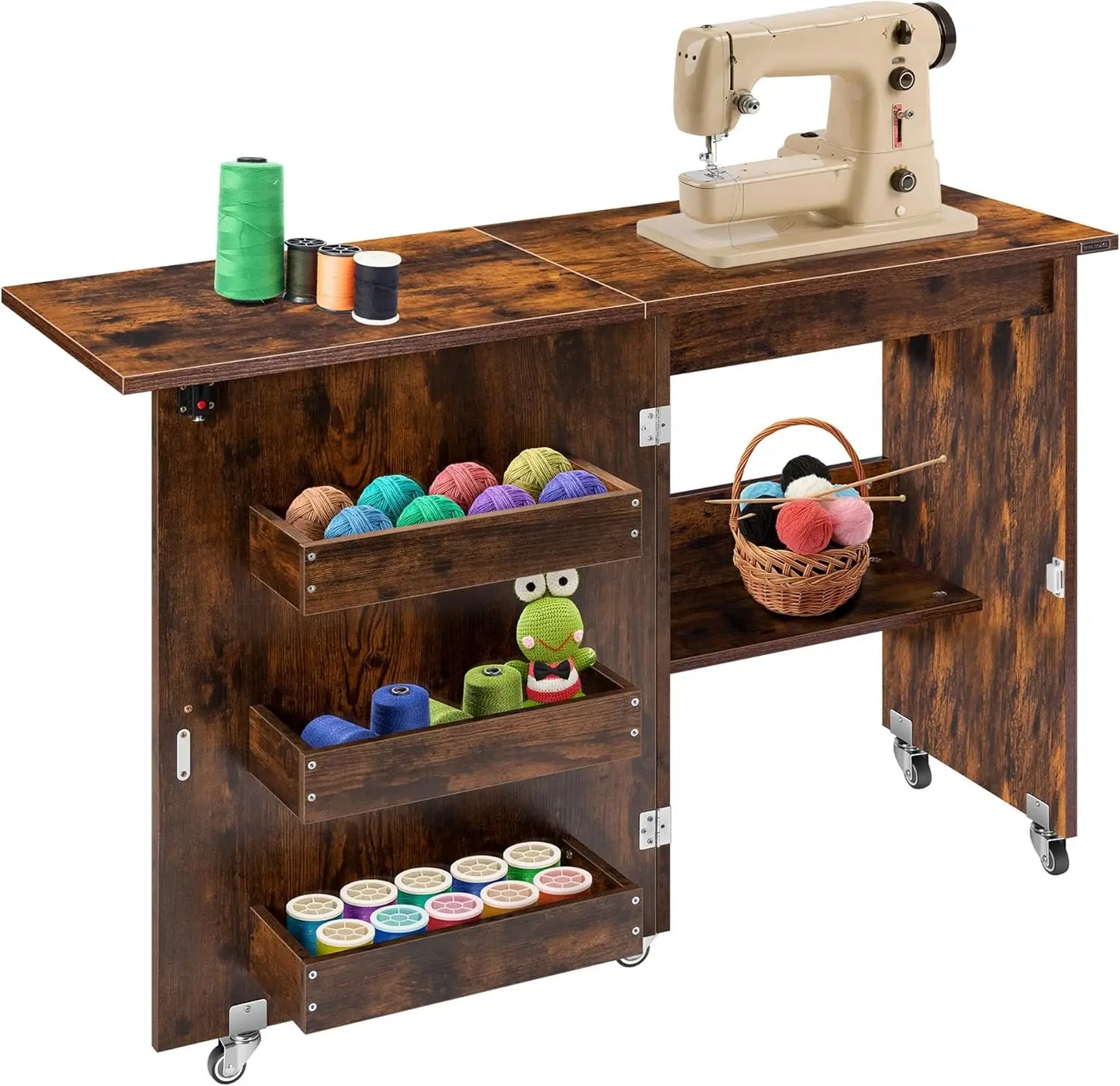 Folding Sewing Craft Table With Storage Shelves, Rolling Desk For Small Spaces In Rustic Brown