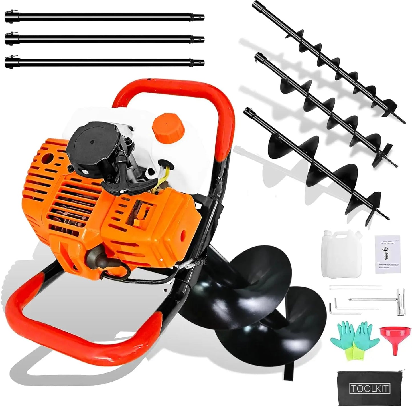 62Cc Post Hole Digger 2-Stroke Petrol Gas Powered Earth Digger With 3 24"" Extension Rods + 3 Auger Drill Bits (3"" And