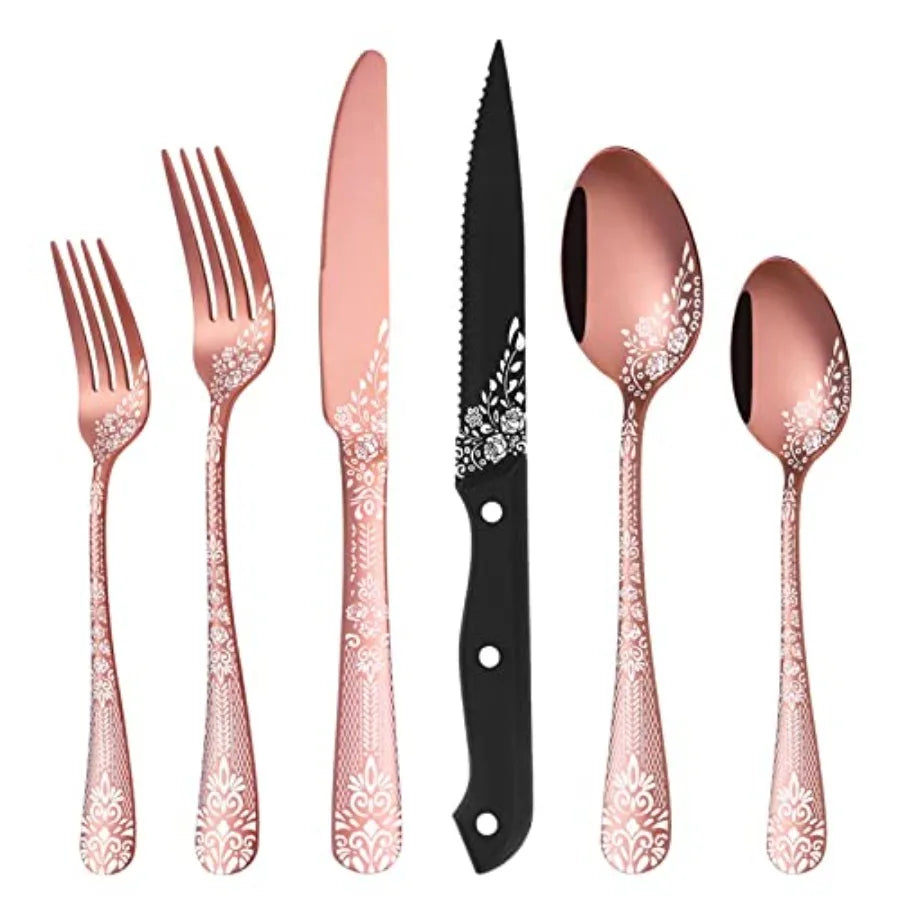 72-Piece Rose Gold Stainless Steel Copper Silverware Set With Steak Knives For 12 Floral Laser Decorated Dishwasher Safe Tablew