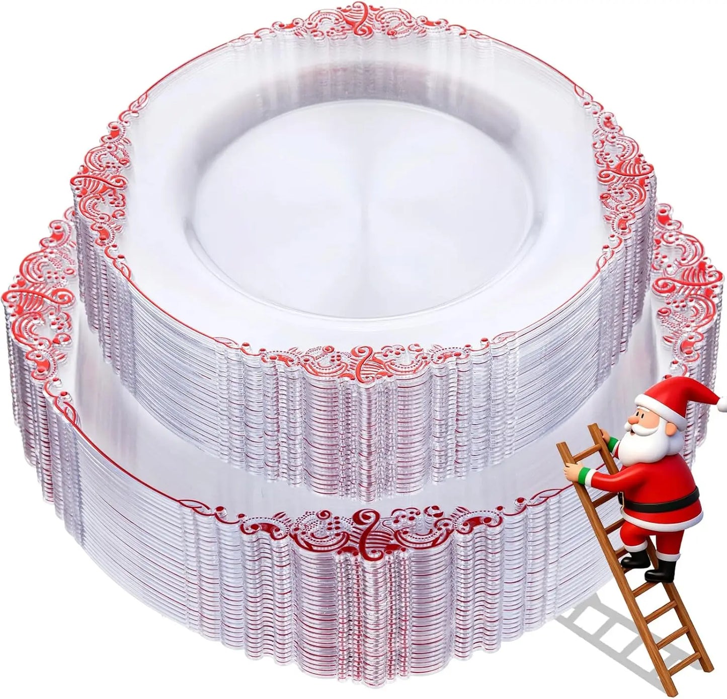 100Pcs Clear Red Disposable Plastic Plates Set - 50 Dinner & 50 Dessert Plates For Wedding Party Christmas
