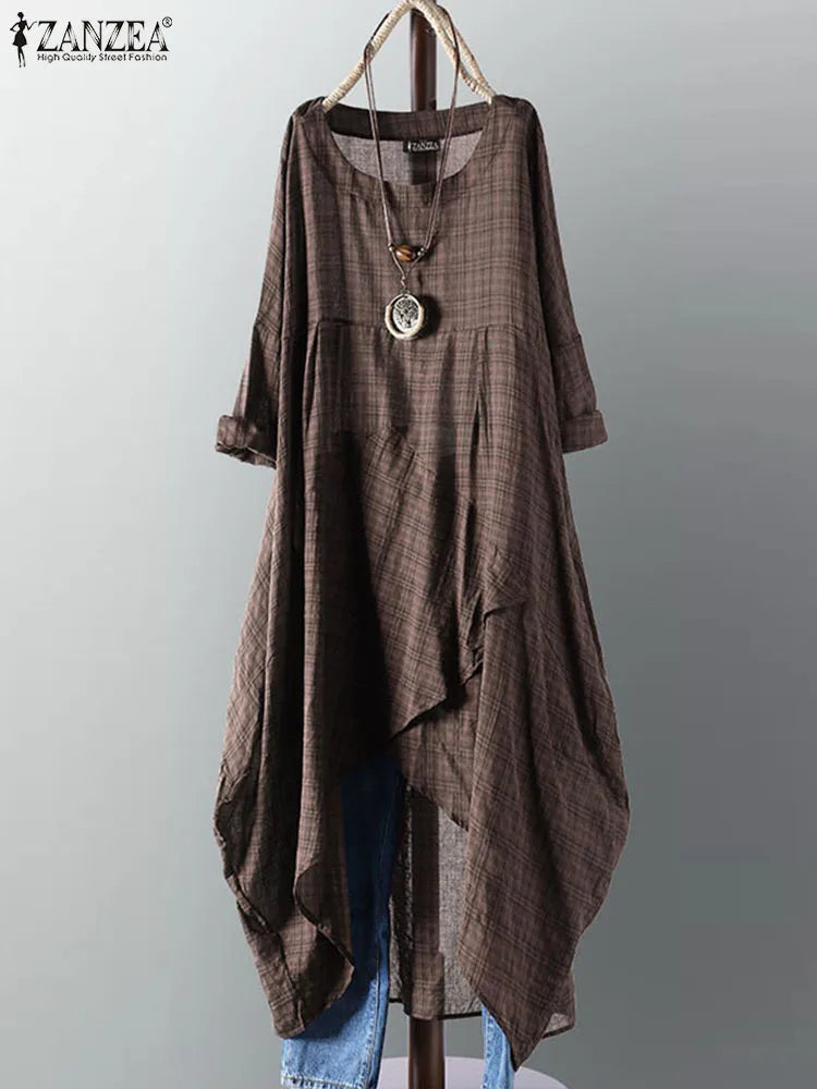 ZANZEA Vintage Midi Dress Women Female Long Sleeve Plaid Vestidos Sundress Casual Robe Female Clothing Summer Maxi  Dresses 2023