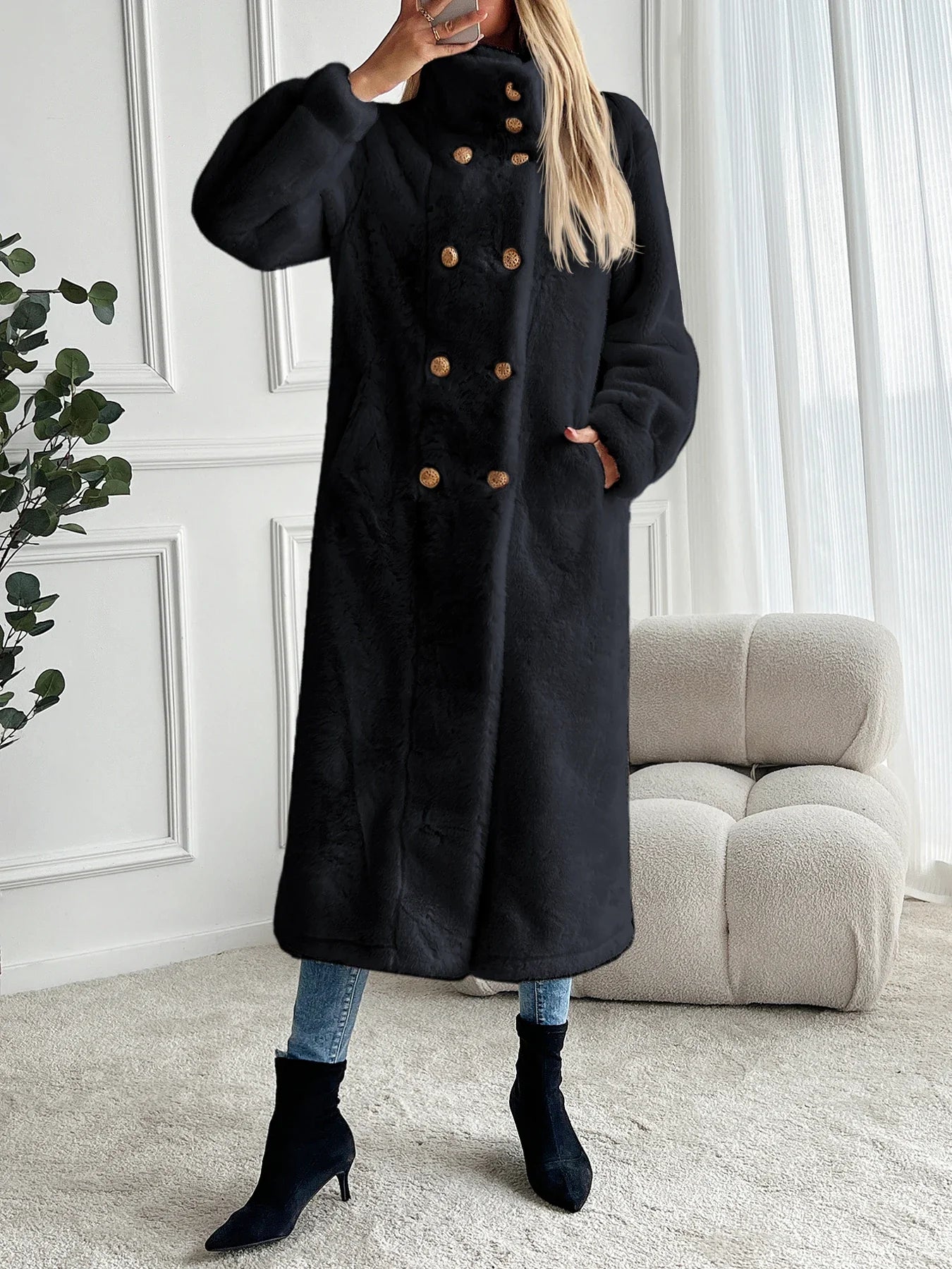 Faux fur coat long coat Women lapel double-breasted loose warm high-end atmospheric coat jacket 24 autumn and winter new