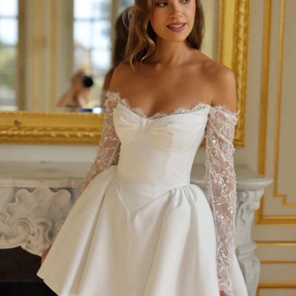 Amanda Customized White Lace Long Sleeves Strapless Short Skirt Serene Hill Dresses Satin Wedding Dress 2024