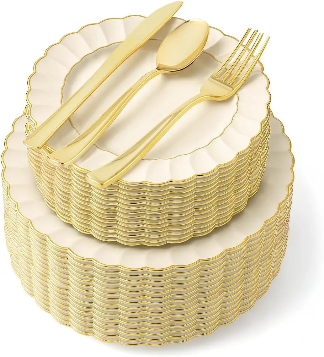 125-Piece Ivory & Gold Scalloped Dinnerware Set, 25 Place Settings With Plates And Utensils For Holiday Parties