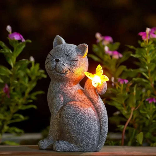 Solar Cat Outdoor Statues for Garden: Outside Decor with Butterfly Clearance