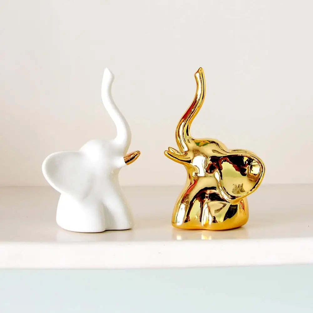 Home Decor Elephant Statues,1 Pair, Small Decorative Accents For Shelves, Livingroom And Bedroom, Gold And White