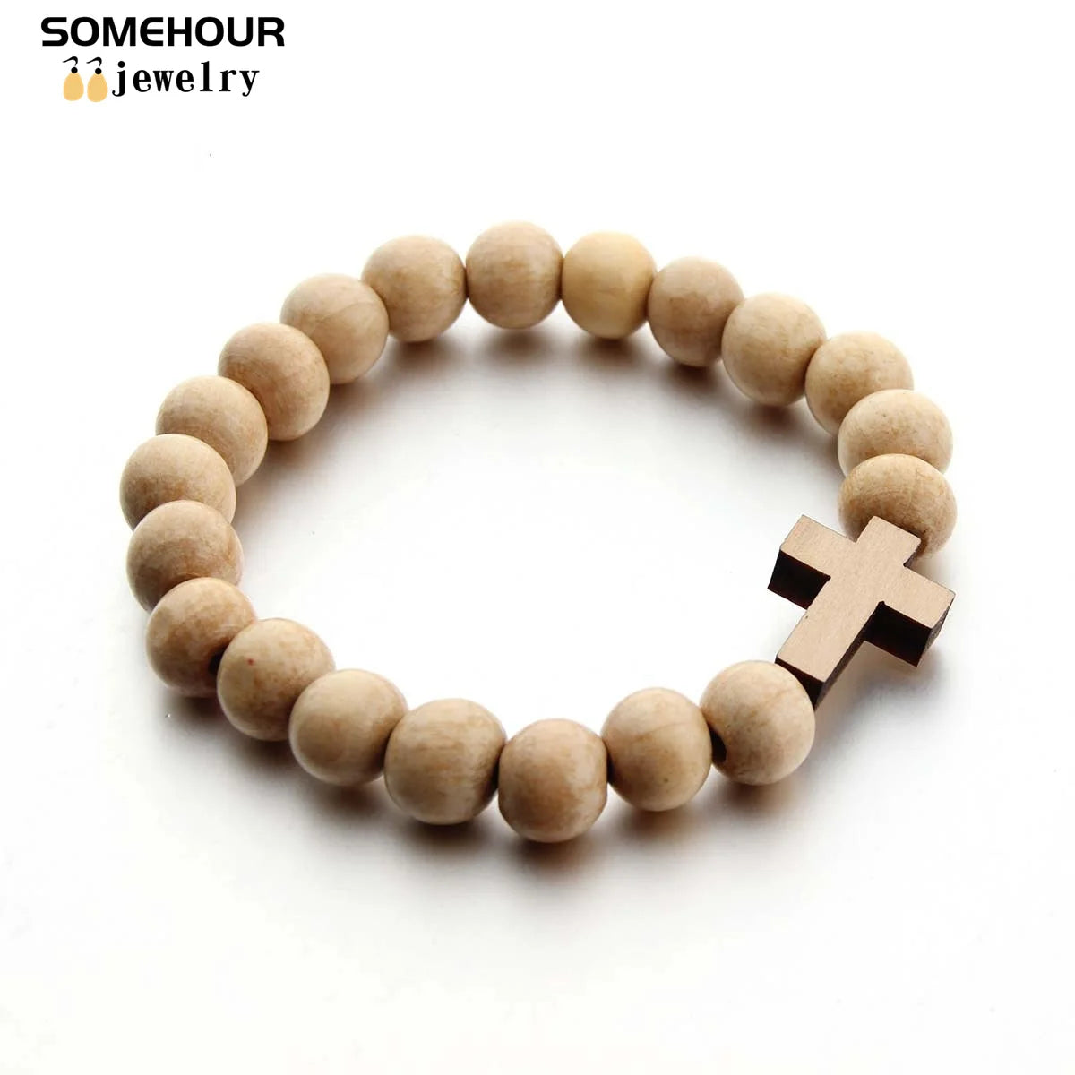 Somehour Vintage Cross Pendant Necklace Bracelet 45Cm Round Wood Beads