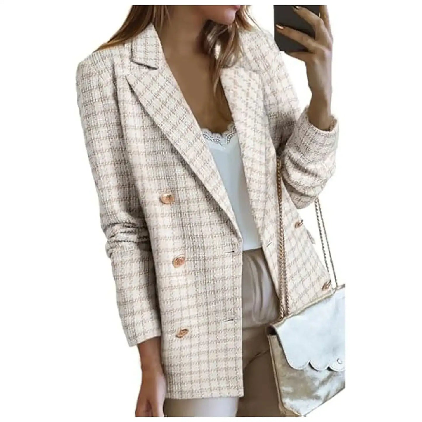 Women Casual Palid Work Jacket Long Sleeve Double Breasted Plaid Coat Ladies Western Trench Suit Coat Outerwears