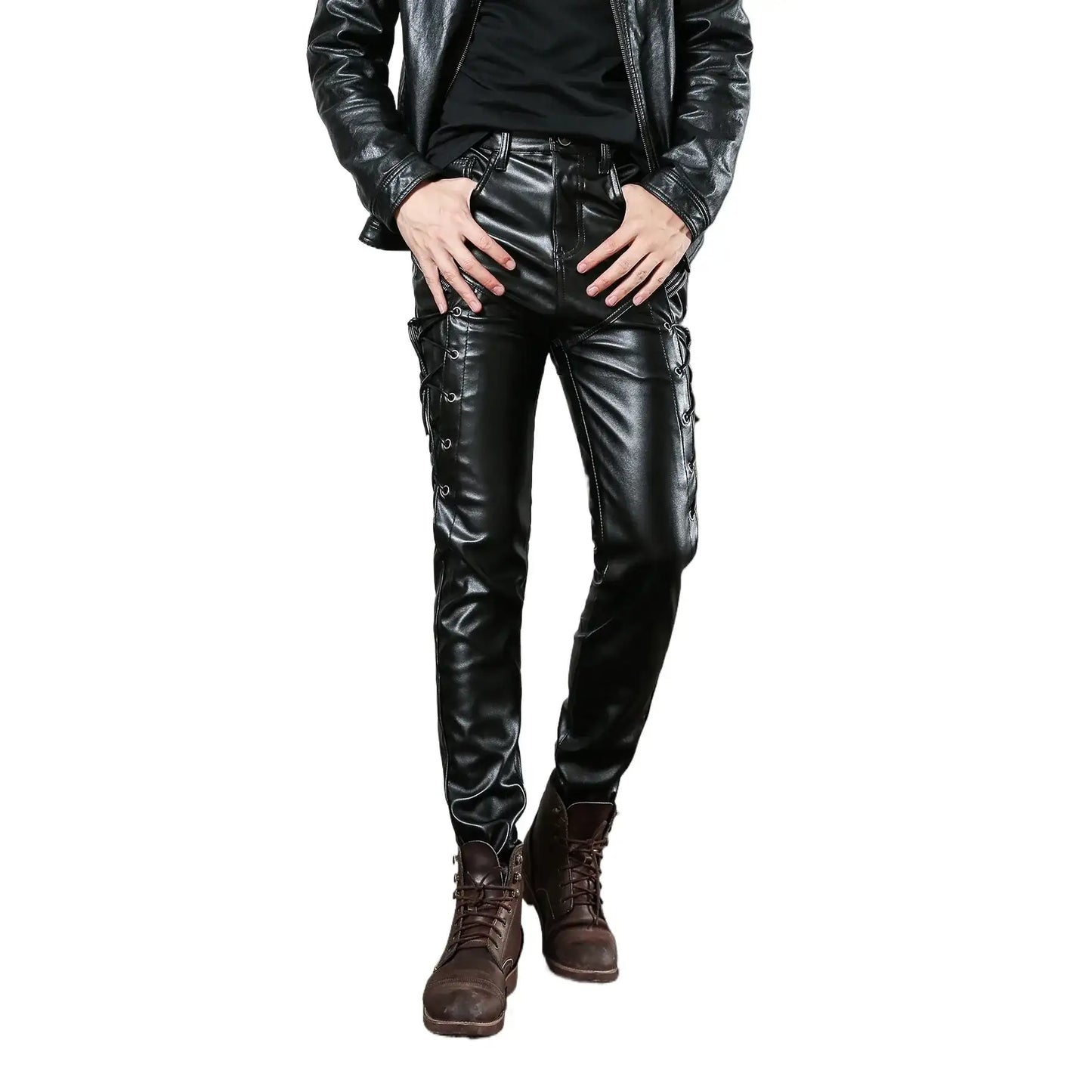Men'Skinny Leather Biker Pants Faux Leather Motorcycle Rider Trousers Slim Fit Waterproof Windproof Bottoms