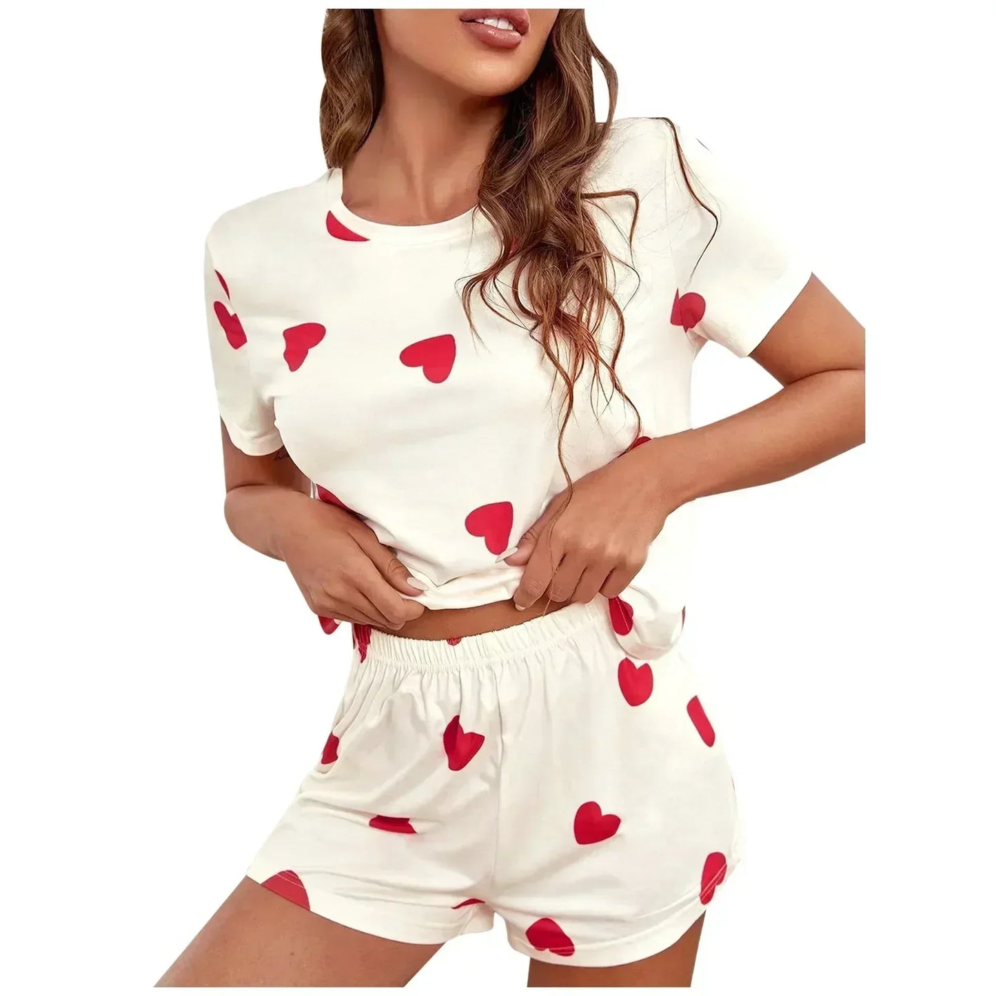 Summer Sleepwear WoMen's Shorts Suit Girl Heart Love Print Short Sleeve O-Neck T-Shirt+Short Pants Set Home Wear Pajamas Outfits