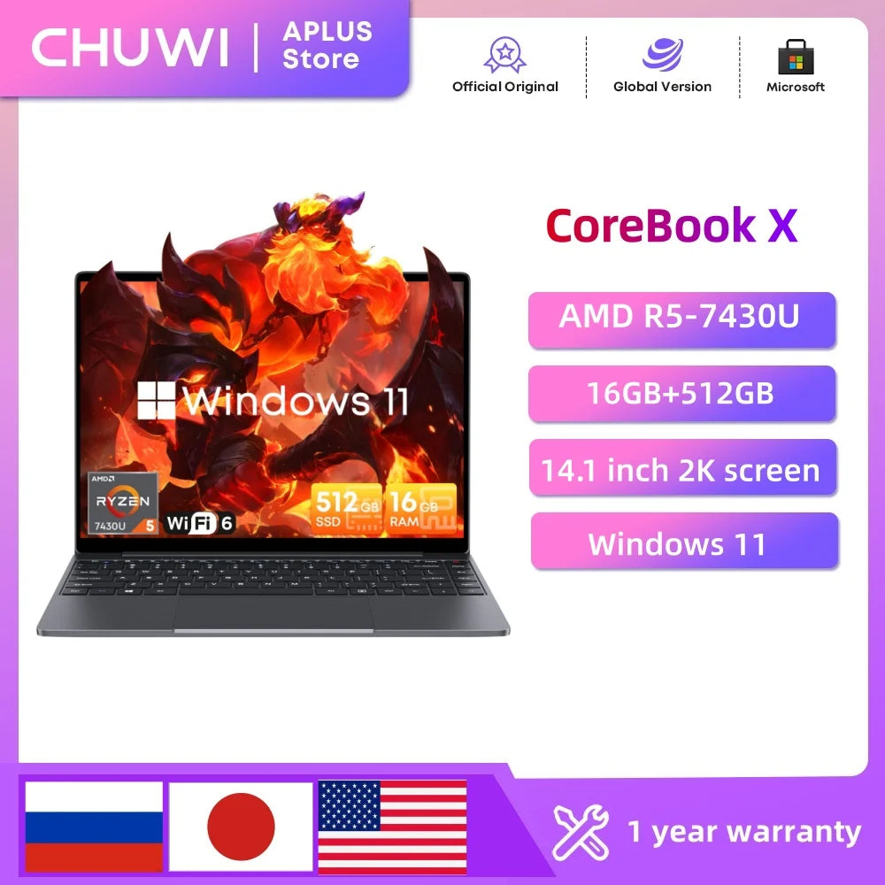 Chuwi Corebook X Amd R5-7430U Laptop 14.1'' 2K Screen 16Gb Ddr4 Ram 512Gb Ssd Windows 11 Wifi6 Notebook Gaming Laptop