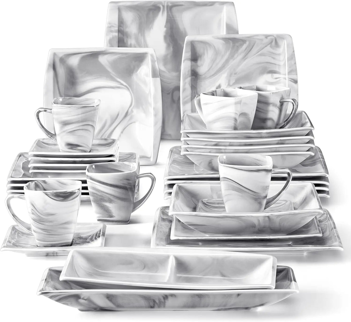 32-Piece Porcelain Dinnerware Set For 6, Marble Grey Plates And Bowls With Cups, Saucers, And Side Dishes