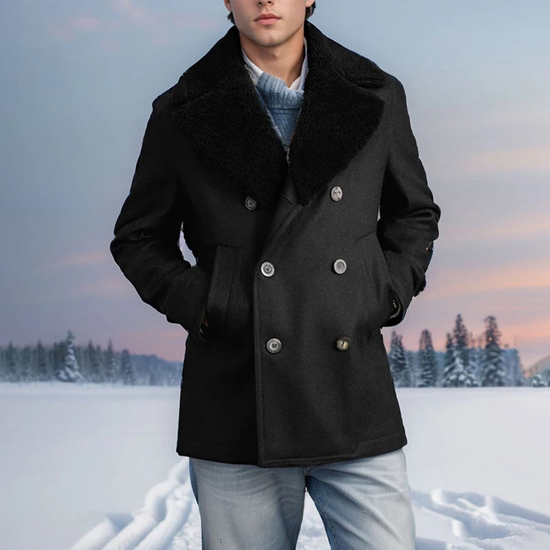 Stylish Men'S Wool Pea Coat With Contrast Color Detail Double Breasted