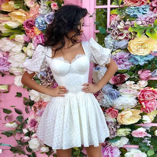 Gorgeous Evening Dress White Dresses For Women Short Puff Sleeve V-Neck Female Chic Cute Robe 2025 Summer Elegant Party Gowns