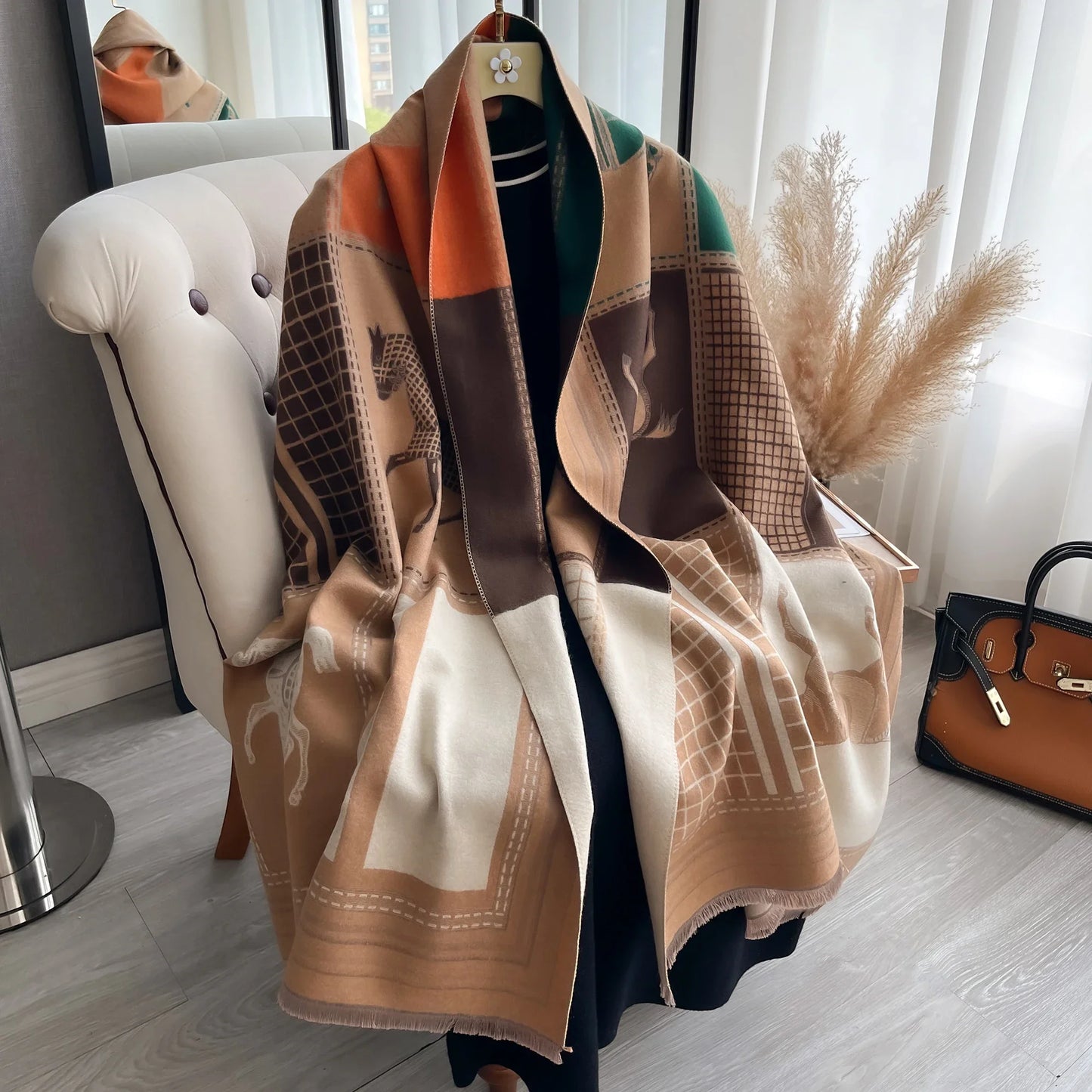 Luxury Winter Cashmere Scarf WoMen Horse Print Warm Pashmina Blanket P