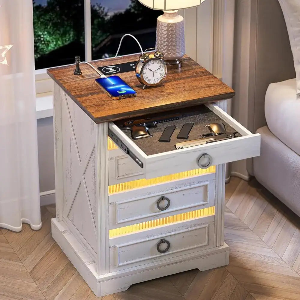 Farmhouse Night Stand with Gun Drawer, Bedside Table with Charger Station, LED Nightstand with Human Sensor Light, Smart End Tab