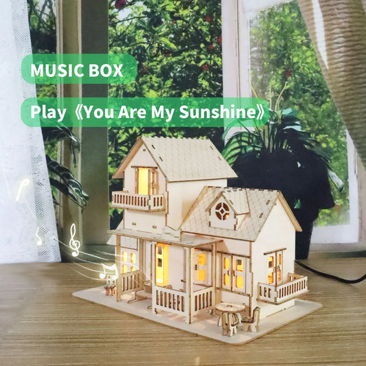 3D Wooden Puzzle Sweet Home Music Box Hands Craft Miniature Dollhouse Kits 3D Model Diy House Building with LED Night Lights Gif