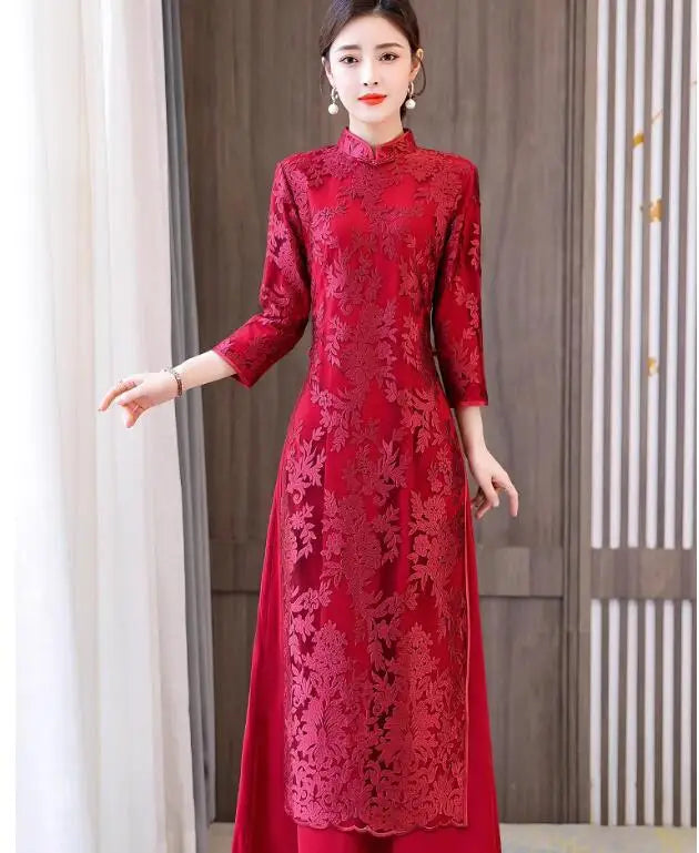 Chinese Style Retro Lace Improved Aodai Qipao Mother's Dress